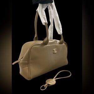 Taupe Smooth Leather Bowler Shoulder Bag